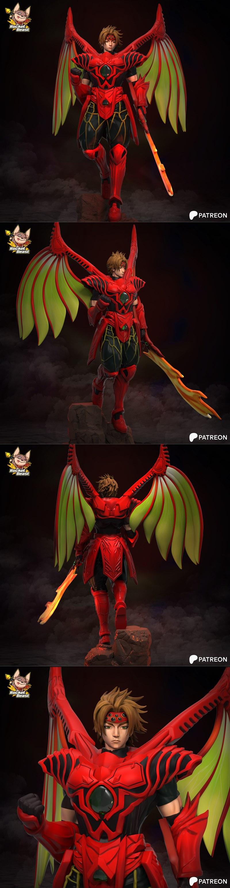 Dart in red Dragoon Armor with large green and red wings, holding a flaming sword, standing on a rocky base.