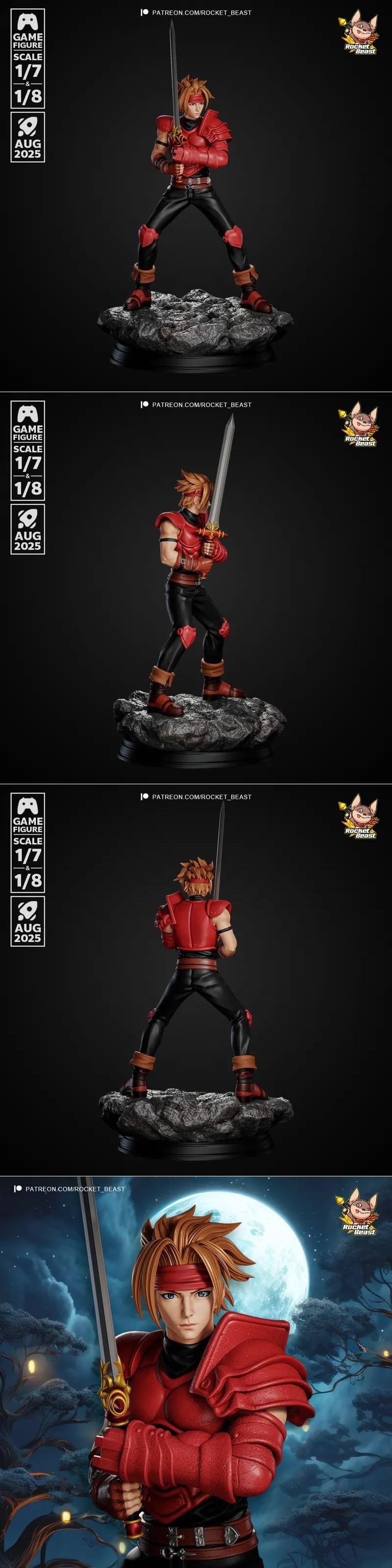 Serge from Chrono Cross figure, wearing red armor and holding a sword, standing on a rocky base. Scales 1/7 and 1/8....