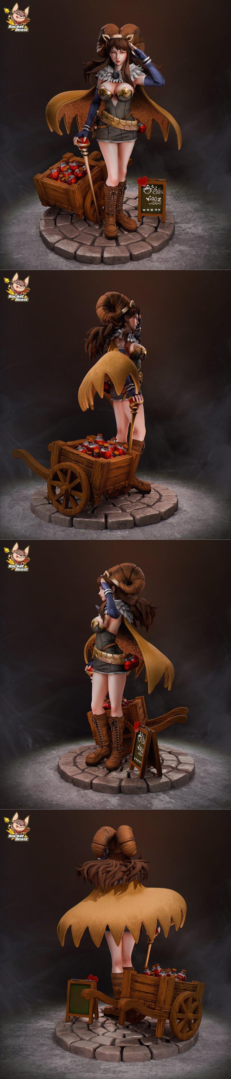 Fantasy female character 'Rocket Beast' with ram horns, holding a staff and standing next to a cart of potions. Dress...