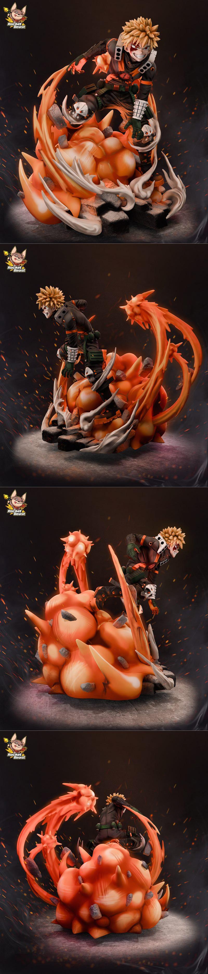 Katsuki Bakugo in a dynamic pose, surrounded by orange fire and smoke effects, with debris on a rocky base. He wears...