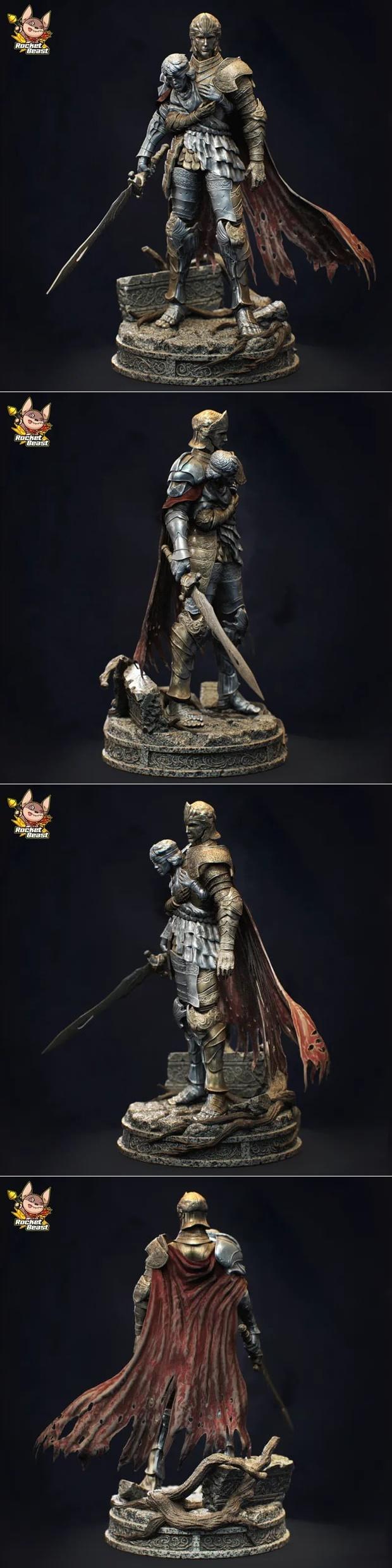 Elden Ring knight figure in ornate armor with a tattered red cape, holding a sword, standing on a detailed stone base...