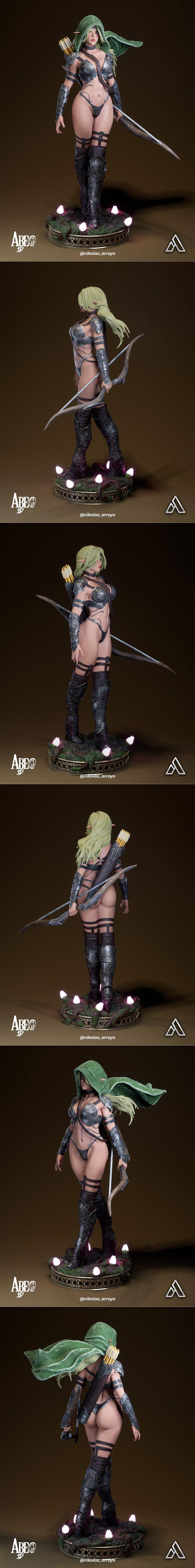 Elaria Shadowleaf, an elven archer with long blonde hair and green eyes, wearing ornate armor and revealing clothing,...