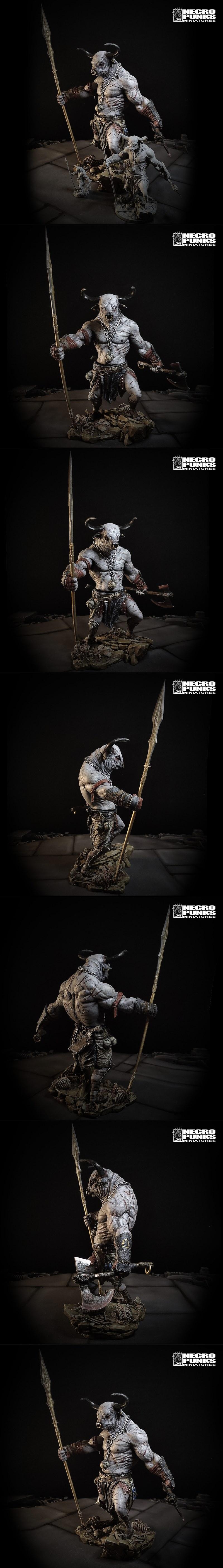 Muscular minotaur character 'Taurus' holding a spear and axe, standing on a rocky, bone-strewn base. Detailed sculpt...