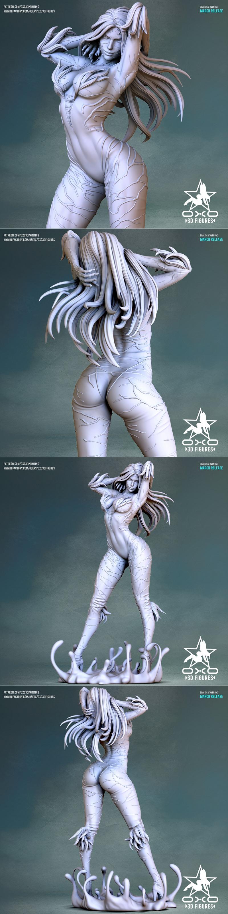 Black Cat (Venom) 3D model, wearing a black suit with white accents, emerging from black symbiote tendrils, with flow...