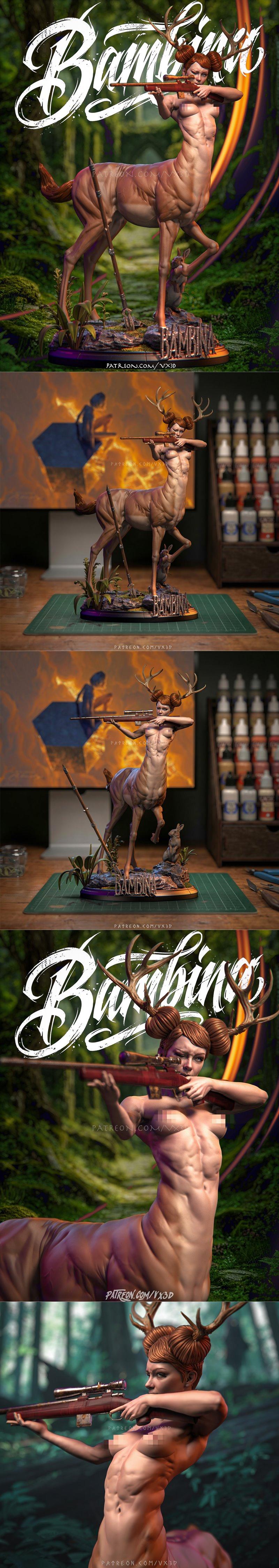Centaur-like female figure with deer antlers, holding a rifle, with a rabbit on a forest-themed base. Sculpted by VX3D.