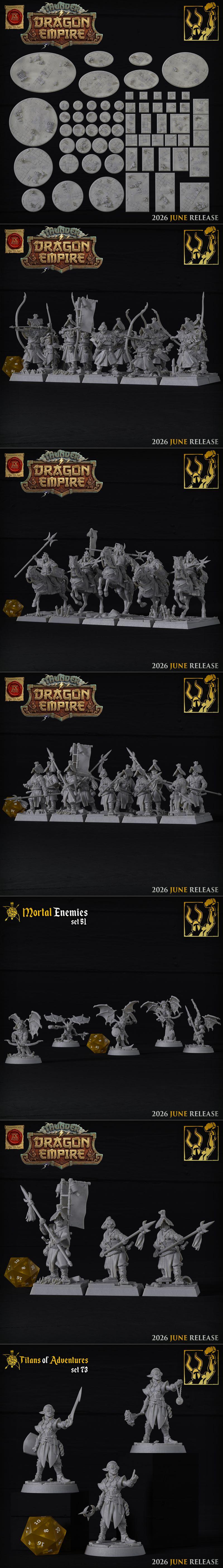 Collection of fantasy miniatures from Titan Forge Miniatures, including dragons, warriors, archers, and dwarves, pres...