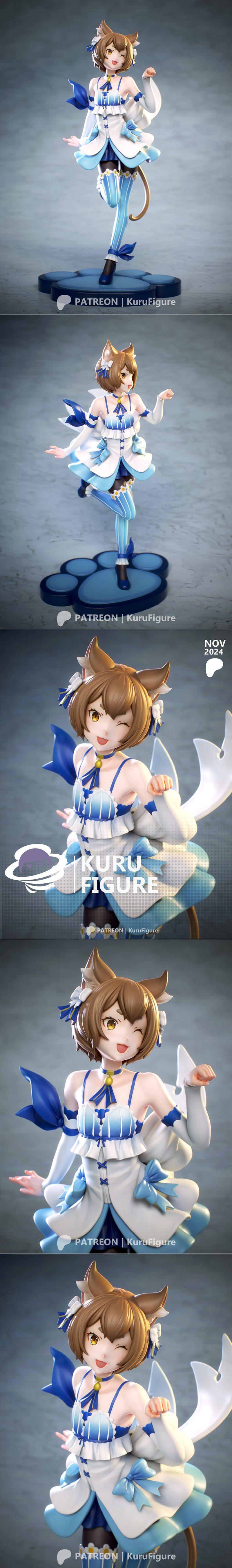 Felix Argyle from ReZero winking, wearing a blue and white outfit with cat ears and tail, posed dynamically on a paw-...