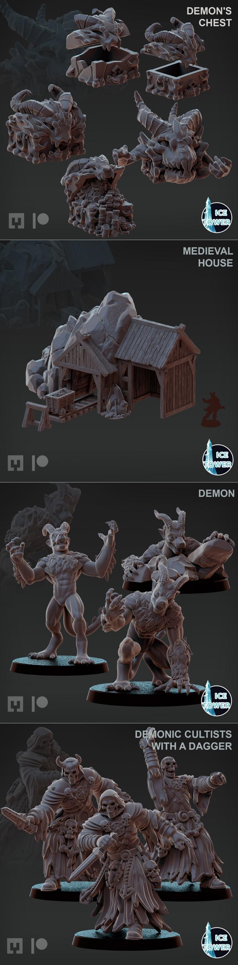 Collection of dark fantasy miniatures: Demonic Cultist leader with banner, cultist with spear, hero summoner with mag...
