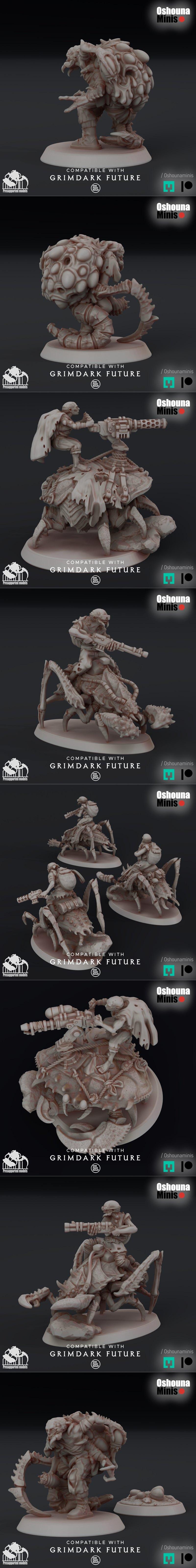 Collection of grimdark sci-fi miniatures: soldiers on insectoid mounts, armed with futuristic weapons, designed for t...
