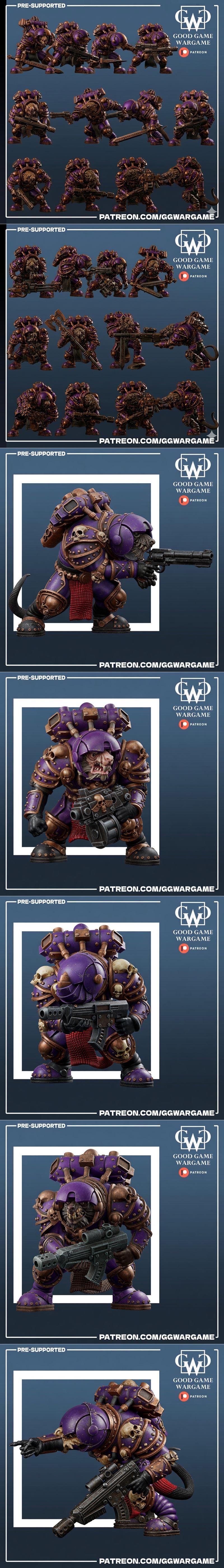 Collection of 3D printable miniatures: Chaos Space Marine with rifle, reptilian warriors with shields and spears, and...