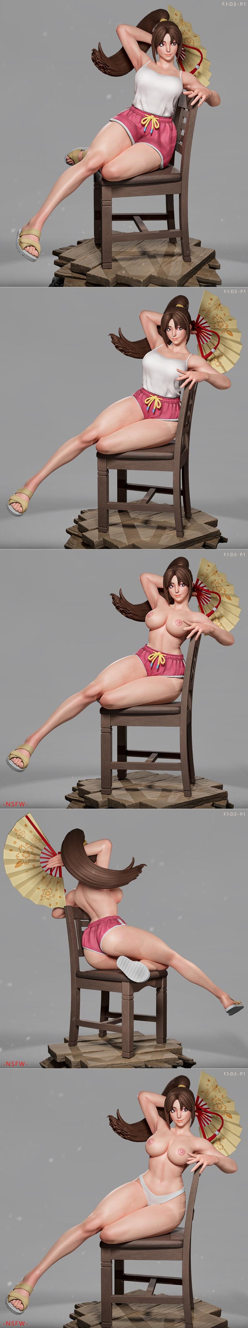Mai Shiranui figure sitting on a wooden chair, holding a fan, wearing a white tank top and pink shorts, on a textured...