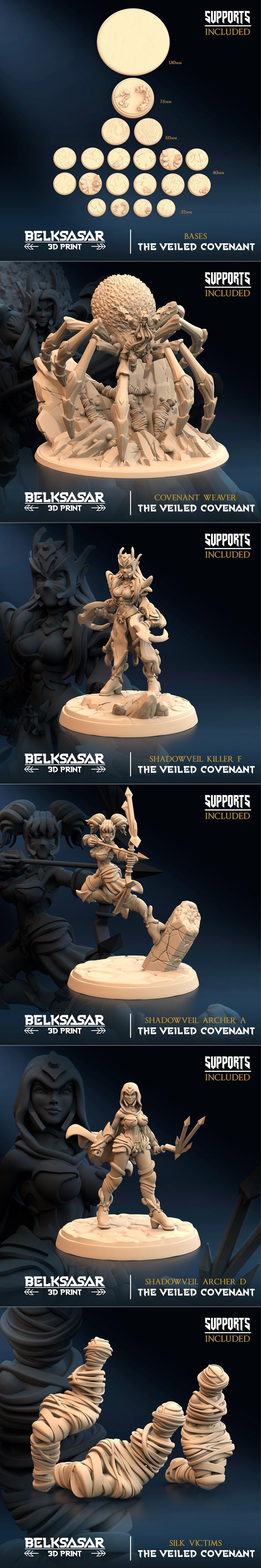 Collection of dark fantasy female miniatures: an enchantress with an axe, an archer with a bow, and a killer with dag...