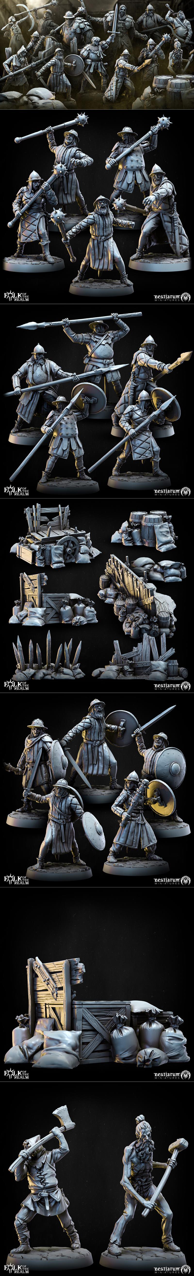 Collection of grimdark fantasy miniatures for tabletop gaming, including guards, peasants, and terrain pieces, all fr...