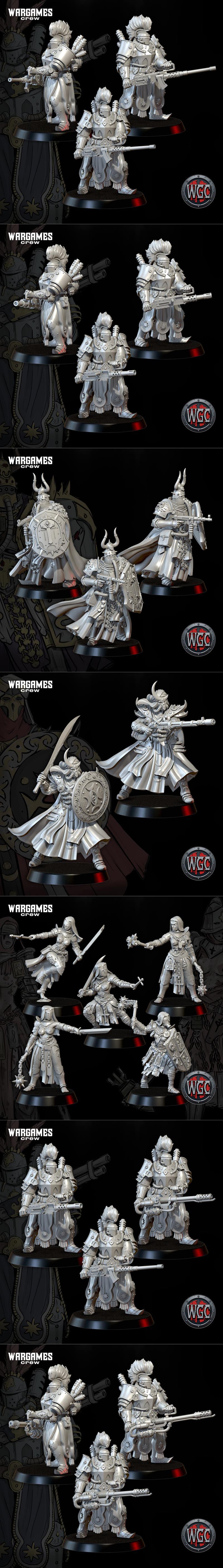 Collection of grimdark miniatures with a 'nuns' theme, featuring armored female warriors and a grotesque leader, pres...