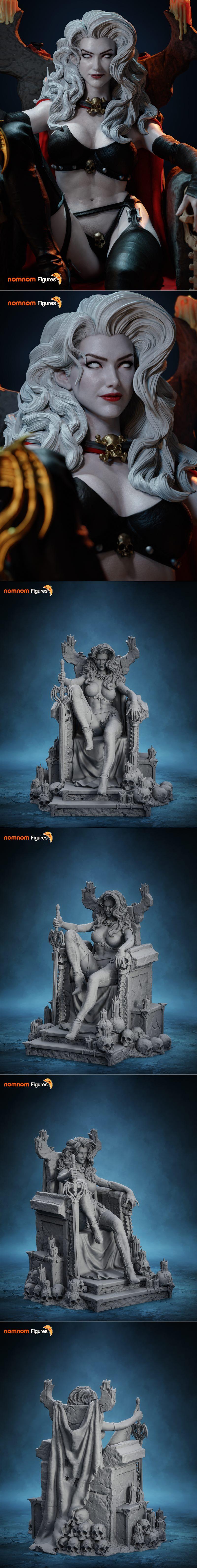 Lady Death figure seated on a throne of skulls, holding a sword, surrounded by candles. Dark gothic aesthetic.