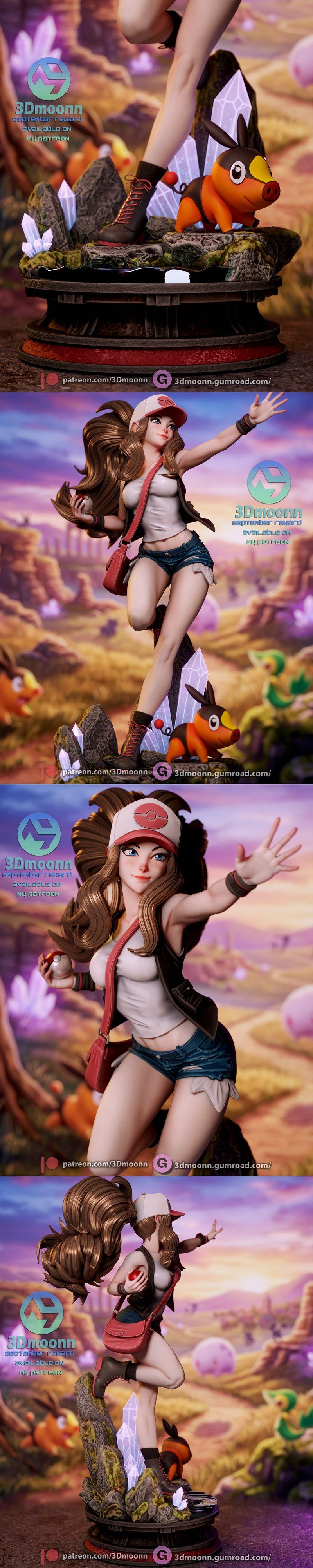 Hilda from Pokemon in a dynamic pose, leaping forward with Tepig on a rocky, crystal-filled base. She wears her signa...