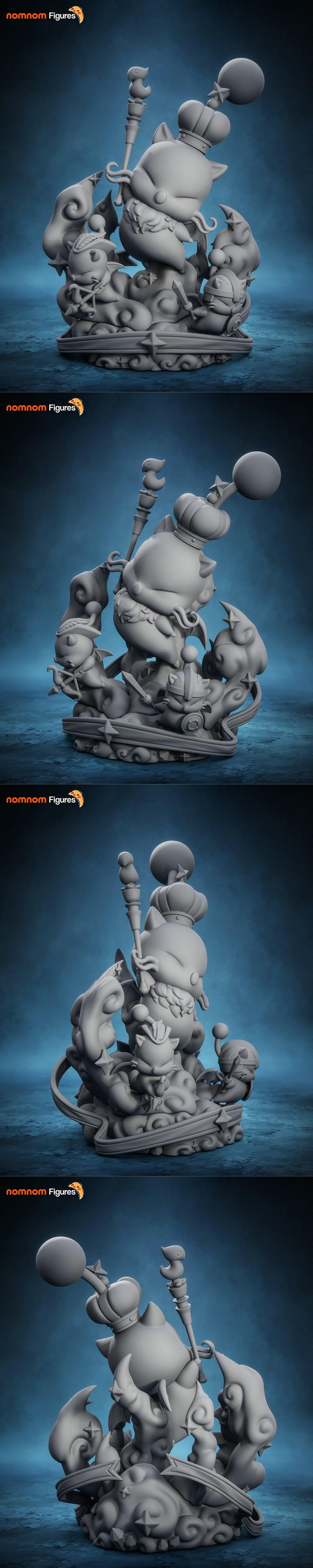 Chibi Moogle King Mog XII from Final Fantasy, wearing a crown and holding a staff, surrounded by clouds and stars, de...