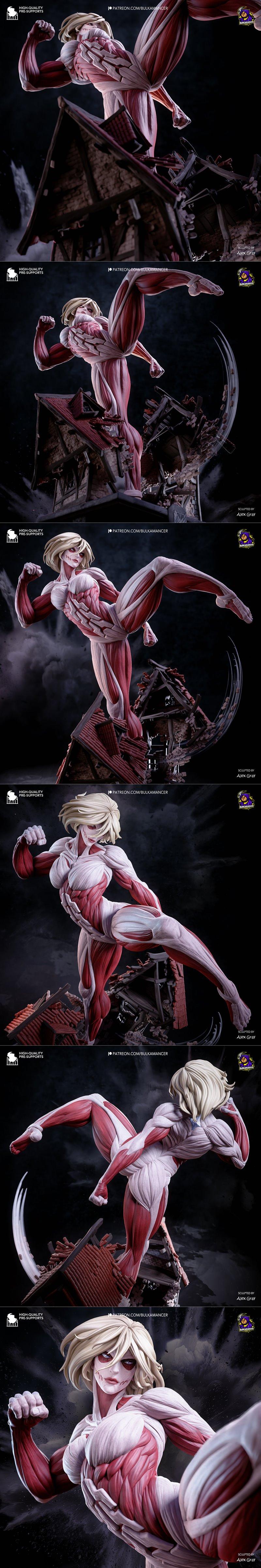 Female Titan in a powerful, muscular pose, standing on a ruined building, with dramatic lighting.