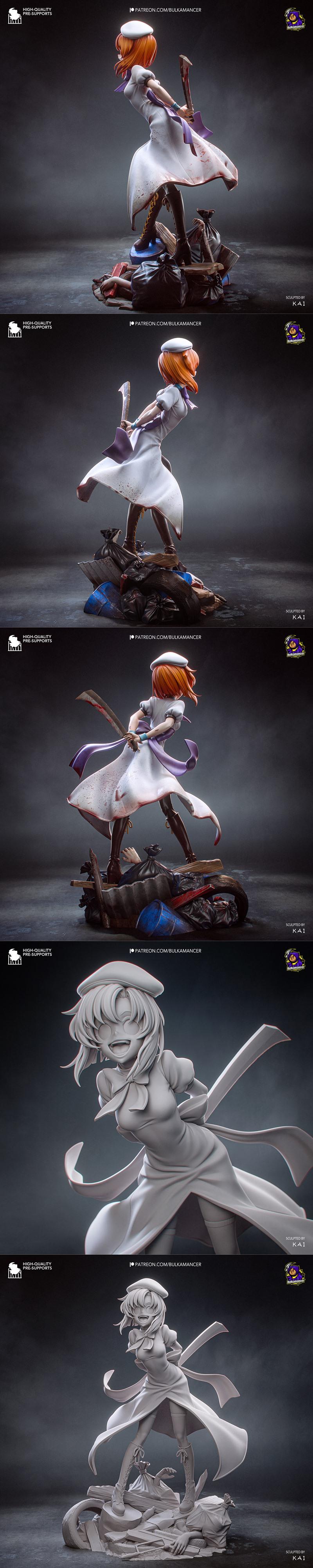 Rena Ryugu from Higurashi: When They Cry, holding a bloody cleaver, wearing a blood-splattered nurse outfit and beret...
