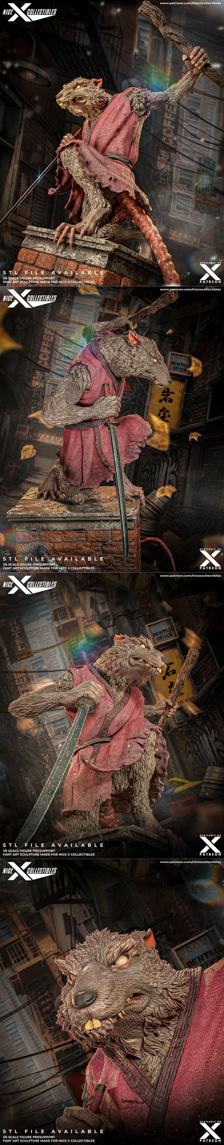 Splinter, the rat sensei from Teenage Mutant Ninja Turtles, in a dynamic pose atop a brick structure, holding a katan...