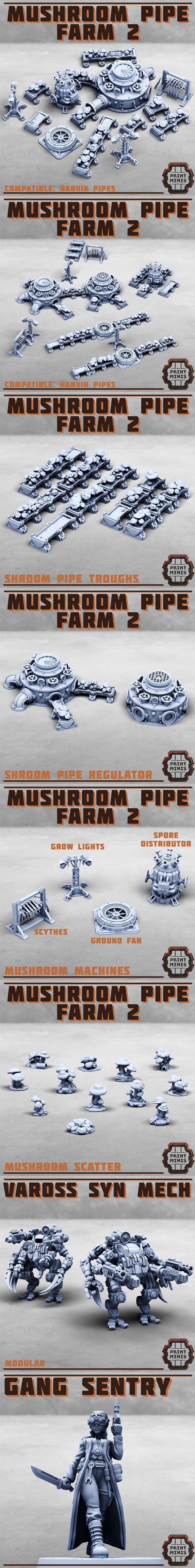 Collection of sci-fi miniatures including female soldiers, mushroom farmers with gas masks, gang sentries in trench c...