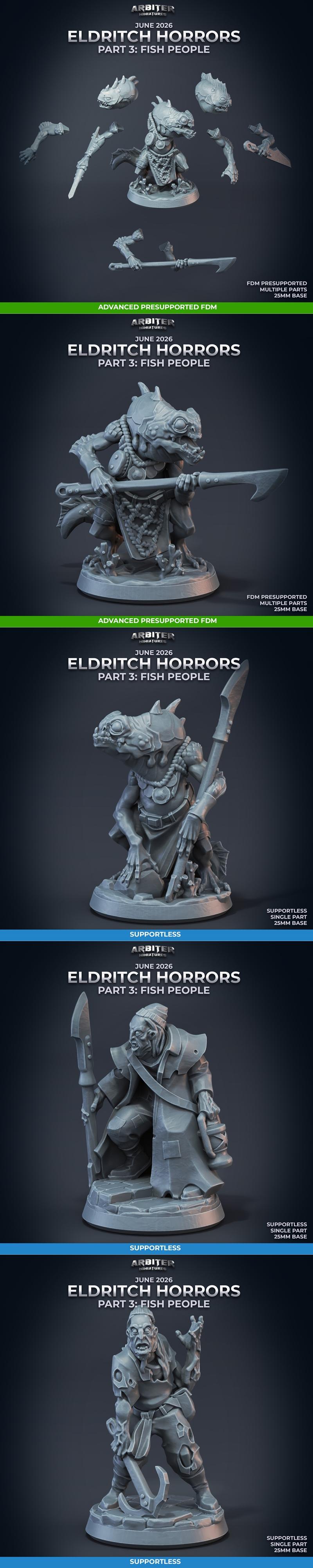 Three 3D printed miniatures of eldritch fish people, one with multiple heads, on 25mm bases. Figures wear tattered cl...