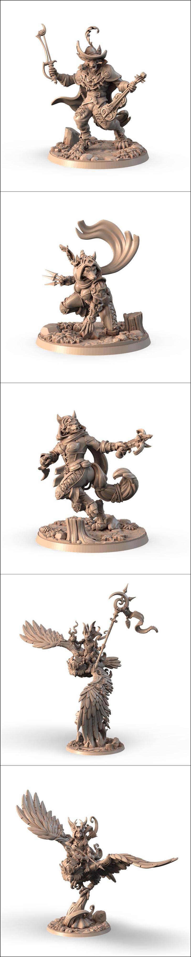 Collection of anthropomorphic animal miniatures: a musician with a lute, a warrior with a scythe, and an archer with...