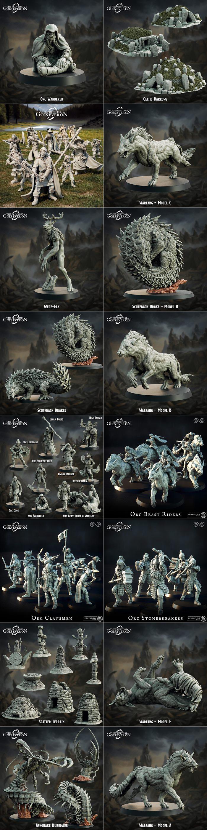 Collection of fantasy miniatures for 3D printing, including large monsters like a centipede-like Ashquake Burrower, a...