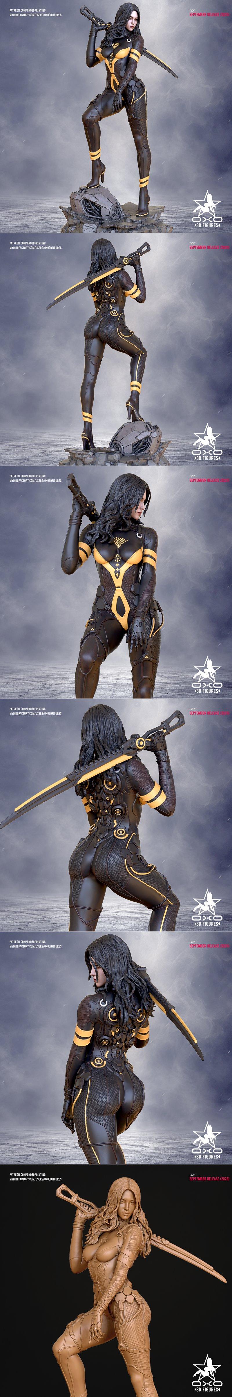 Tachy from Stellar Blade in a sci-fi suit with yellow accents, holding a sword, posed on a futuristic base. 3D model...