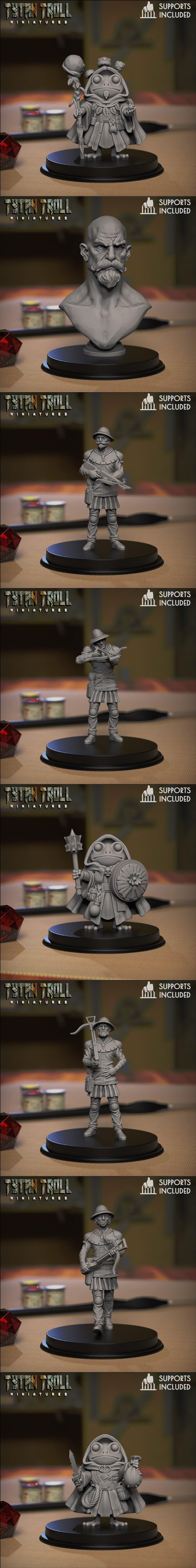 Collection of 3D printable miniatures: frogfolk characters as bard, warrior, mage, and cloaked figures; human crossbo...