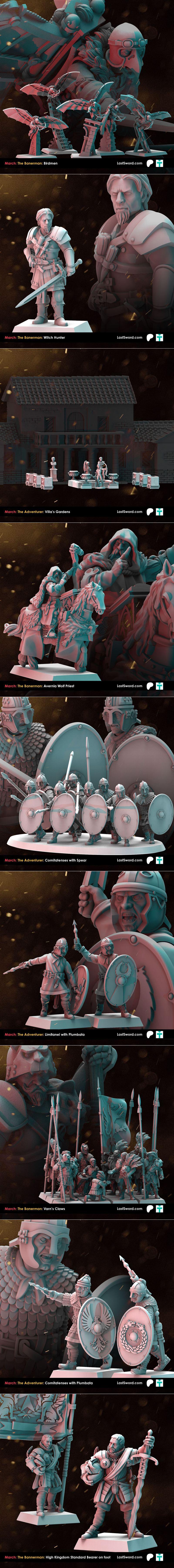 Collection of historical and fantasy miniatures for 3D printing, featuring cavalry, infantry, and heroes with swords,...