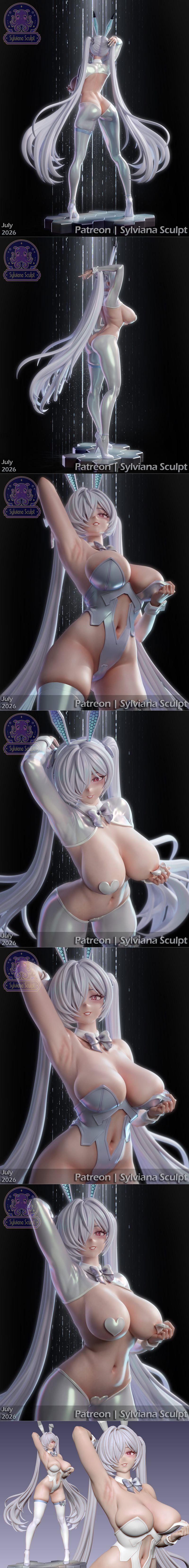 Anime-style figure of Cinderella Bunnies with long white hair and bunny ears, wearing a revealing white outfit and th...