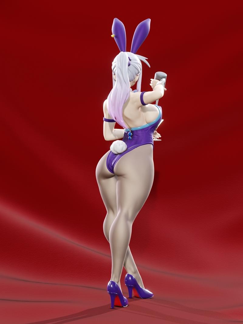 Shoko Bunny character in a purple bunny suit, pouring a cocktail into a martini glass, wearing fishnet stockings and...