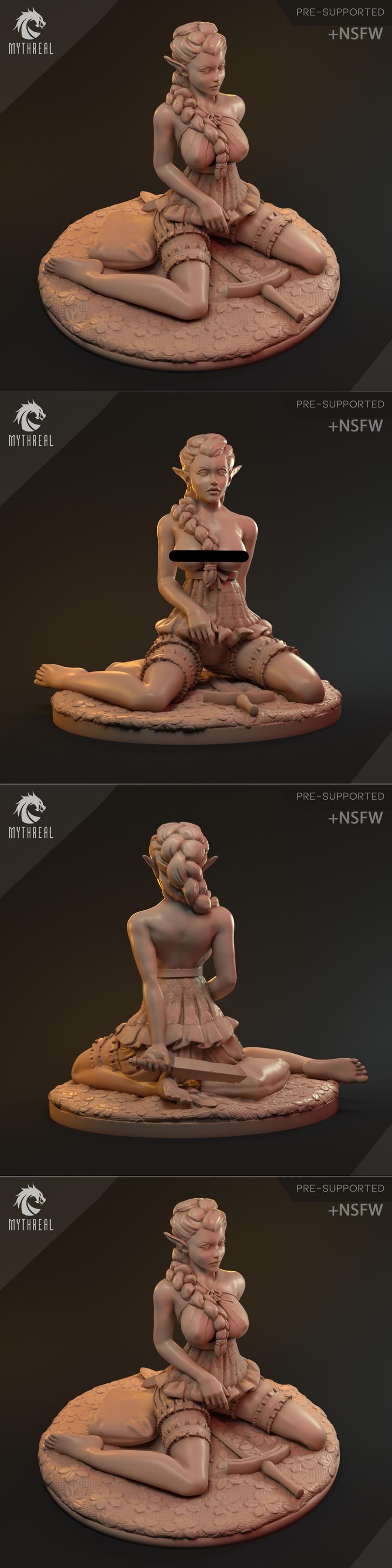 Elven female figure in a revealing outfit, seated on an ornate base. Detailed sculpt with fantasy and pinup elements.