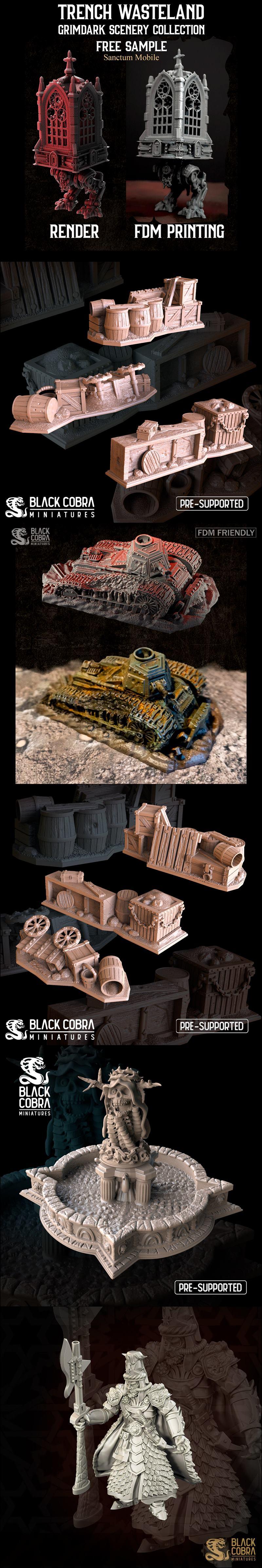 Collection of fantasy miniatures by Black Cobra Miniatures: armored warriors with axes, shields, and guns; a large fi...