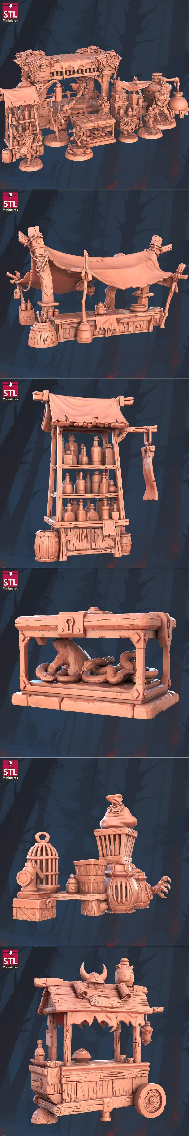 Collection of fantasy miniatures including a goblin merchant with a cart, a crafter at a workbench, and a figure hold...