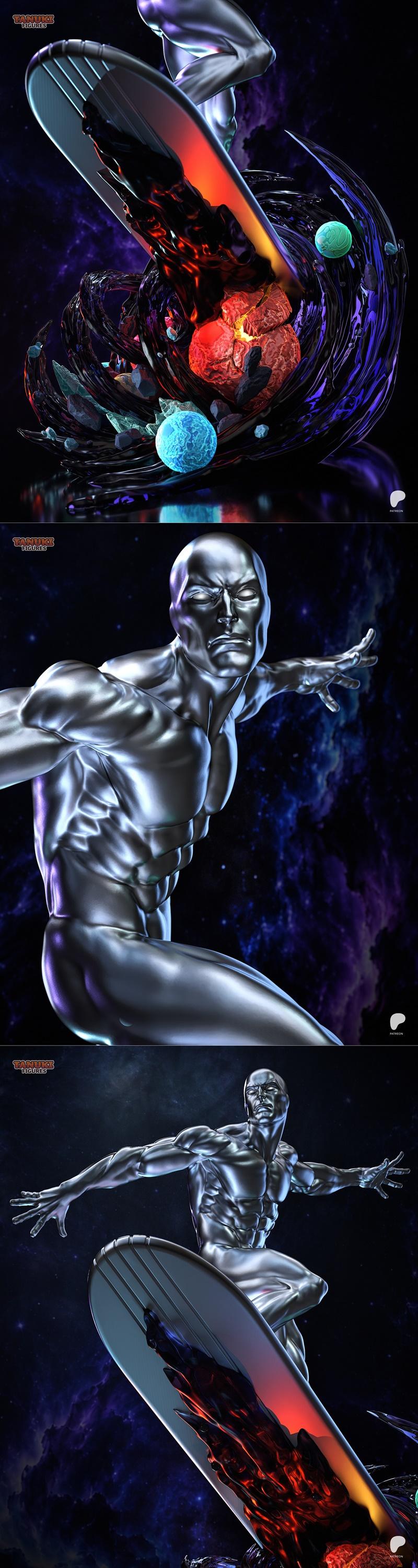 Silver Surfer figure in a dynamic pose, riding a surfboard over a cosmic base with planets and energy swirls. Metalli...
