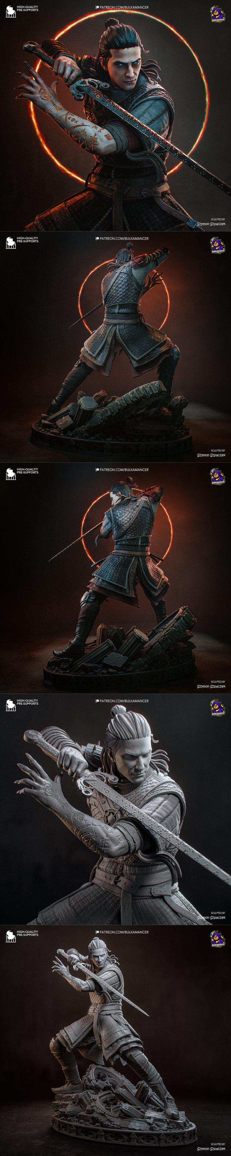 Fantasy warrior Coen in dynamic pose with sword, wearing detailed armor and showing arm tattoos, standing on a ruined...