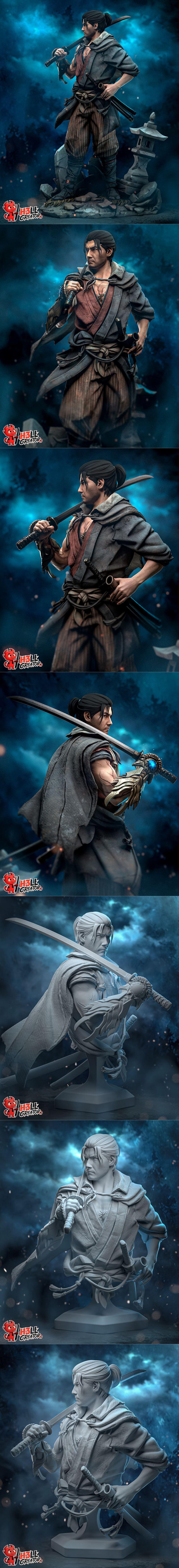 Musashi character 3D model STL, male warrior with katana, wearing a cape and traditional clothing, standing on a rock...