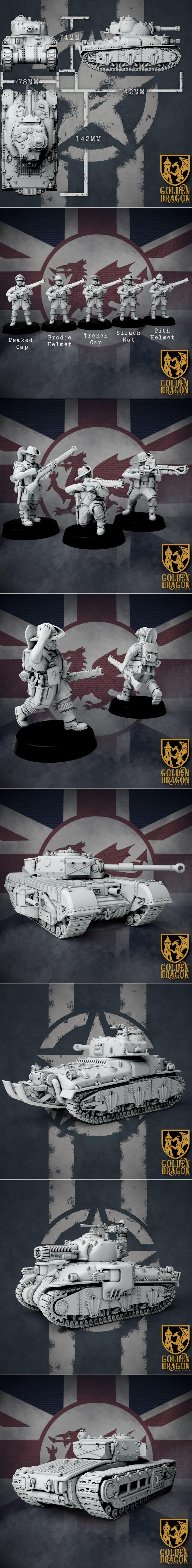 Collection of 3D printable historical military miniatures and a tank, featuring soldiers with rifles and machine guns...