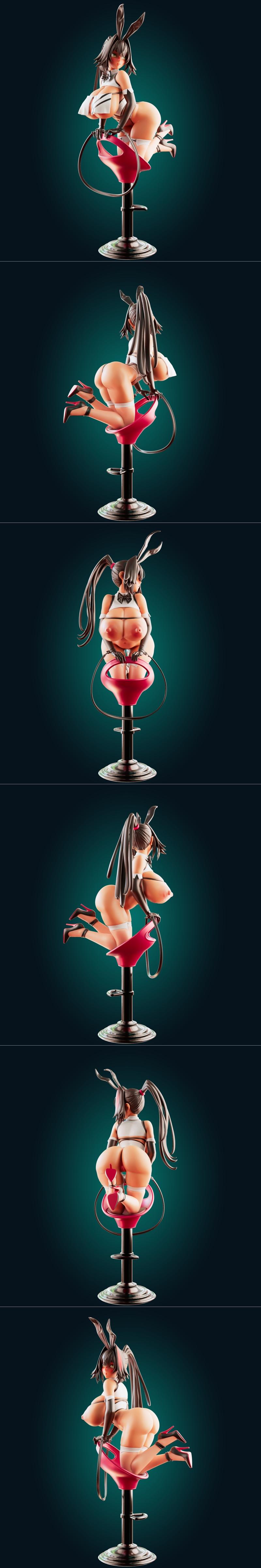 Nikke Bay Radiant Bunny character in a revealing bunny outfit, sitting on a red bar stool, 3D print model.