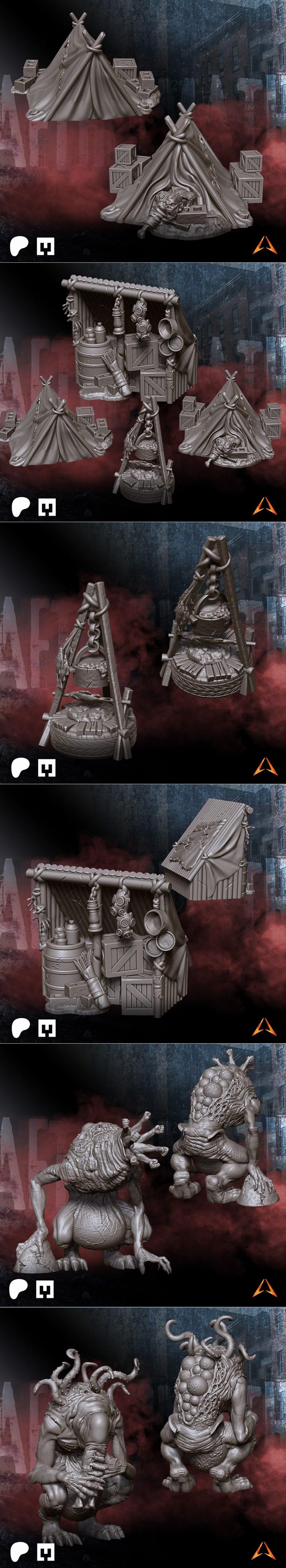 Collection of 3D printable miniatures: several human survivors with weapons and multiple monstrous, tentacled creatur...