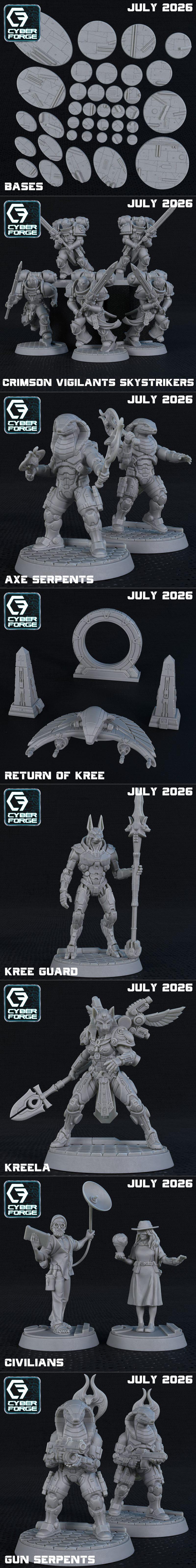 Collection of sci-fi miniatures for 3D printing, featuring armored space marines with weapons and a combat vehicle, a...