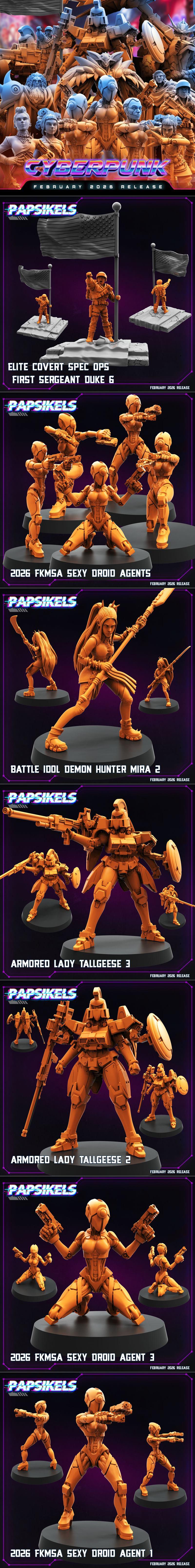 3D model renders of two female demon hunter miniatures, Rumi and Zoey, by Papsikels Miniatures. Rumi wields a large s...