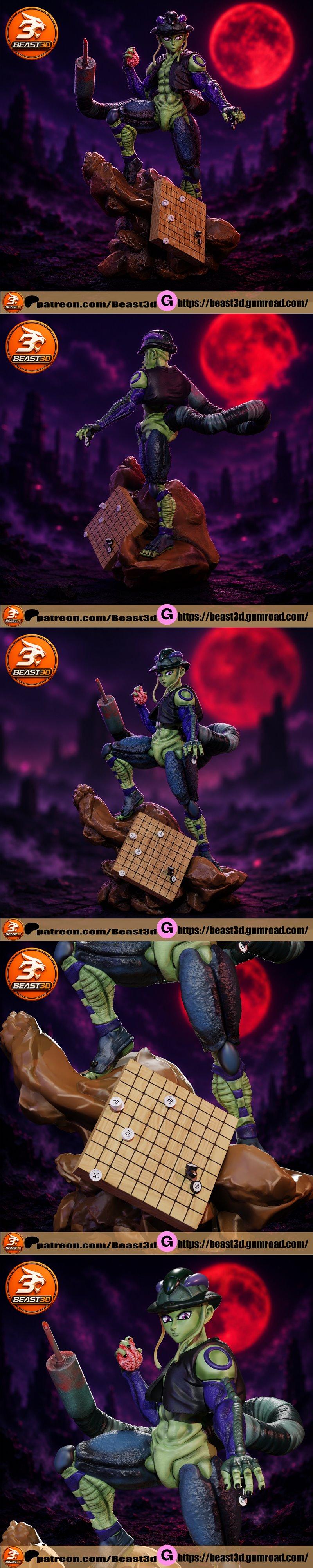 Meruem from Hunter x Hunter standing on a rocky base with a Go board, under a large red moon. The model has green ski...