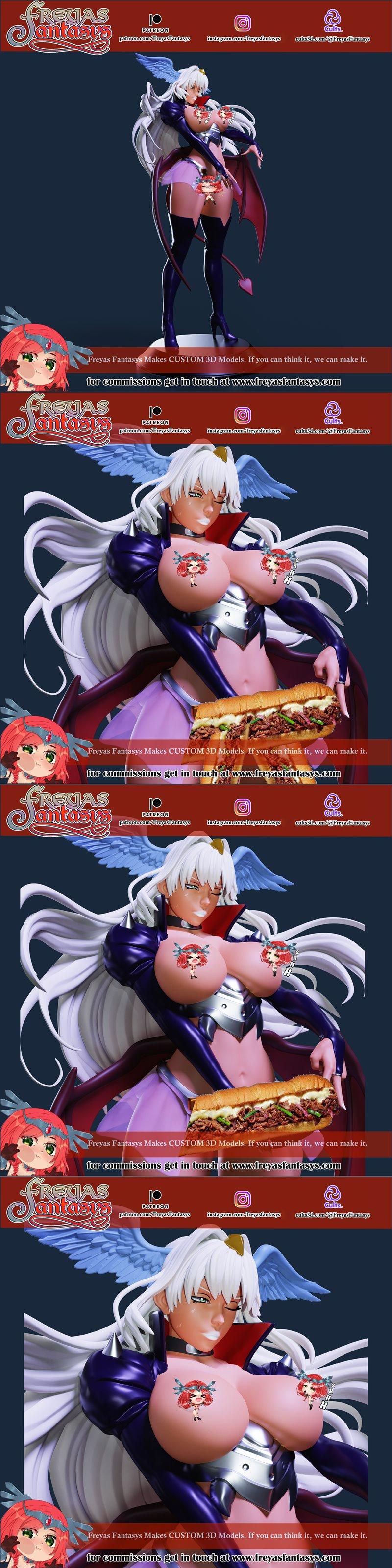 Female demon character Nailkaiser with white hair, blue wings, and horns, wearing a revealing gothic outfit and strik...