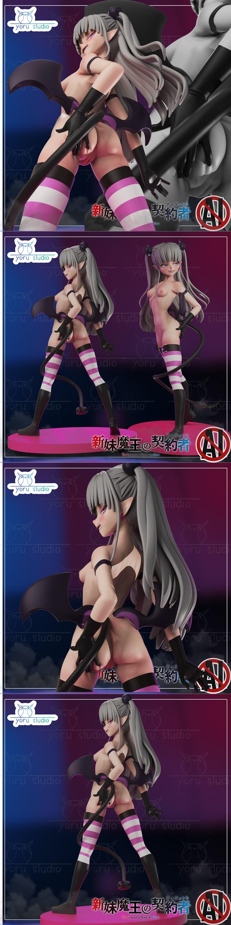 Three views of a 3D printable anime-style figure of Maria, a demon girl with silver twin-tails, pointed ears, wings,...