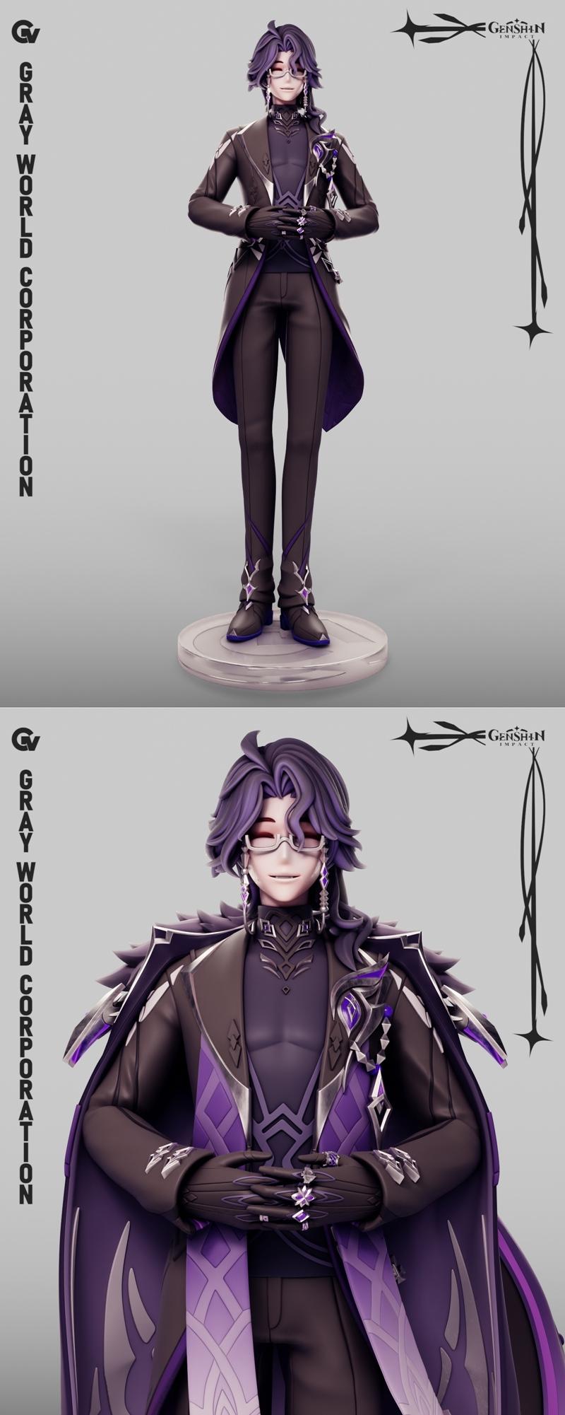 3D model of Pantalone from Genshin Impact, wearing a dark suit and a purple cape, standing on a decorative base.