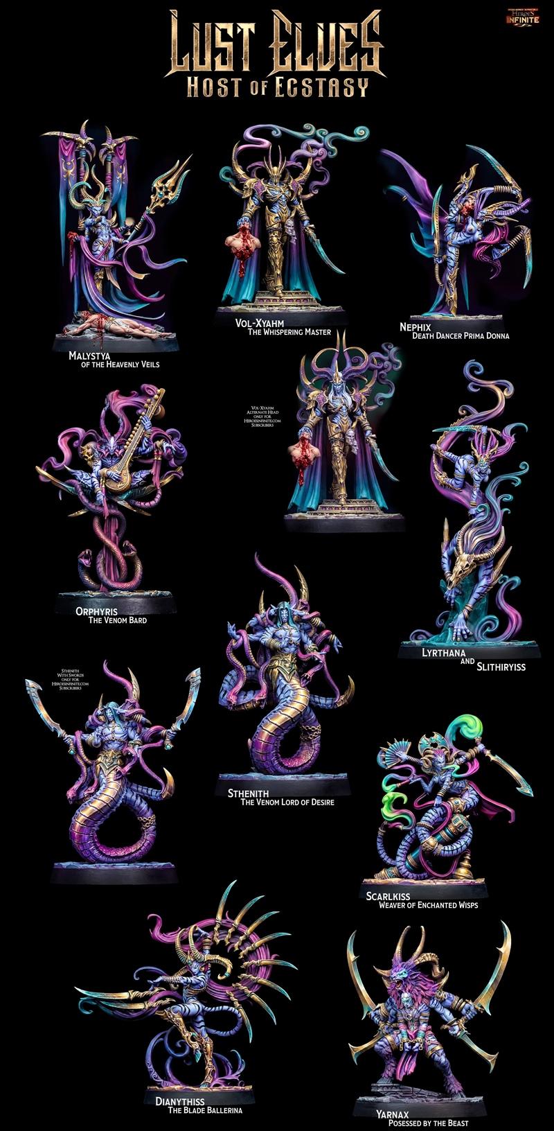 Three dynamic female elves with blue skin, tiger stripes, horns, and ornate armor. One wields a sword, another poses...