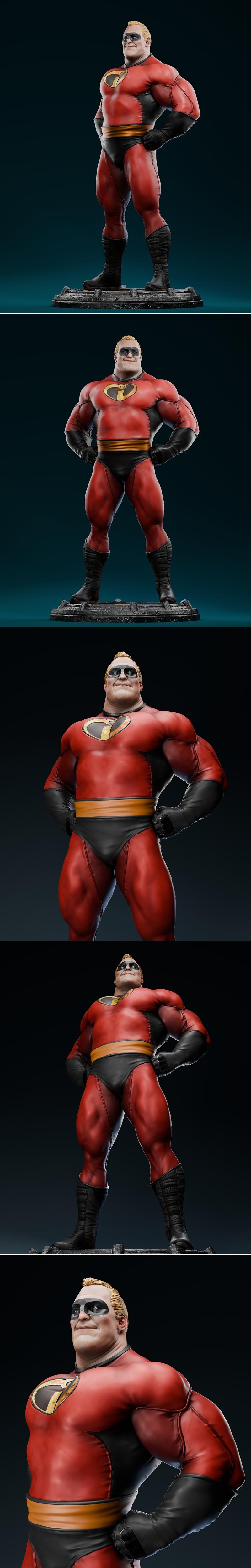 Mr Incredible 3D model, standing heroically on a textured base, wearing his red and black superhero suit with an 'I'...